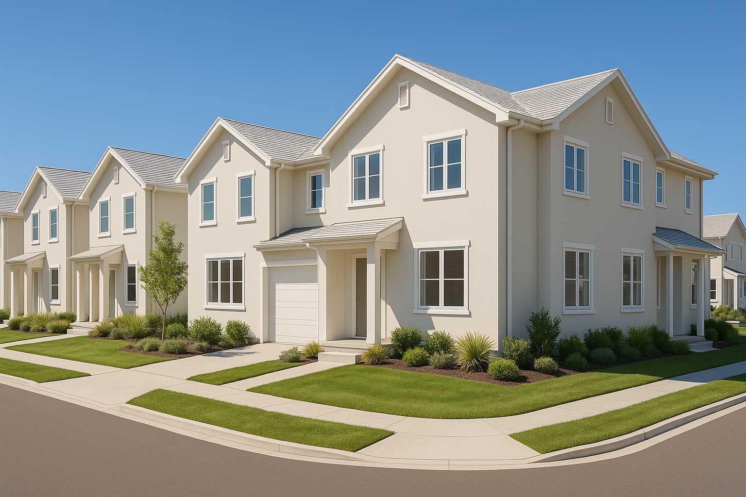 A row of white houses on a sunny day with a blue sky in the background.