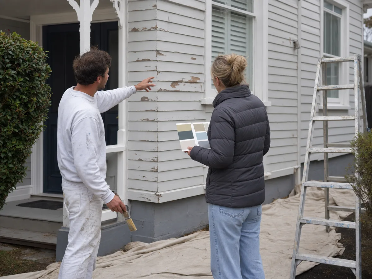 Painter and Auckland homeowner reviewing an exterior repaint during a site consultation