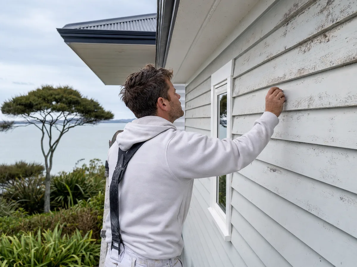 Inspection of salt-exposed weatherboards on an Auckland coastal home