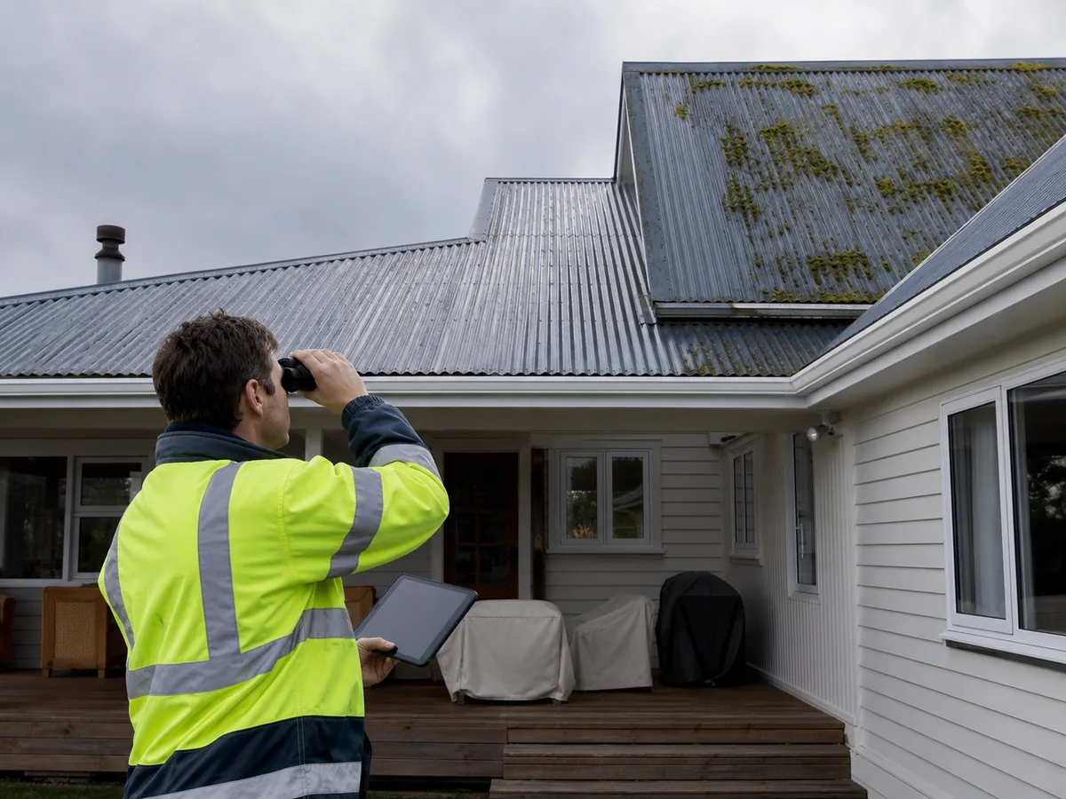 Ground-level assessment of an Auckland corrugated roof before painting