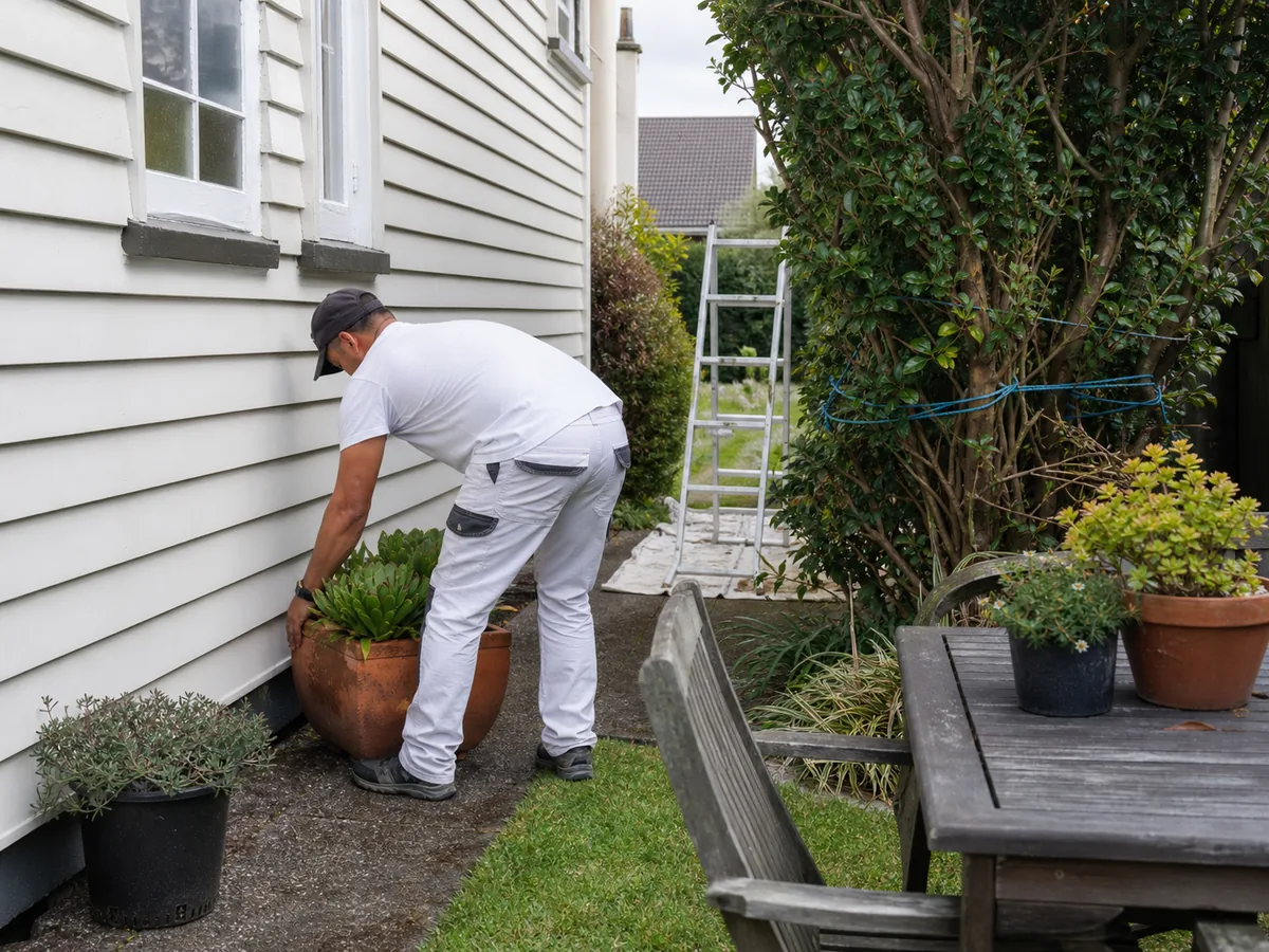 Homeowner clearing outdoor furniture before Auckland exterior painters arrive