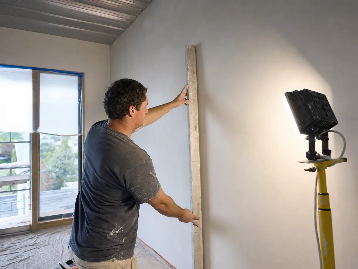 Level 5 plaster finish being prepared for interior painting in Auckland