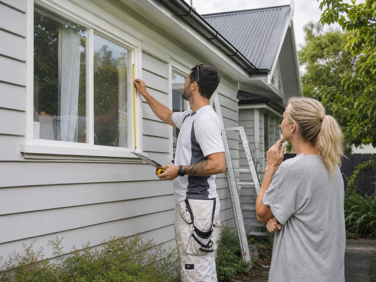 Painter measuring an Auckland home during a site visit for a fixed quote