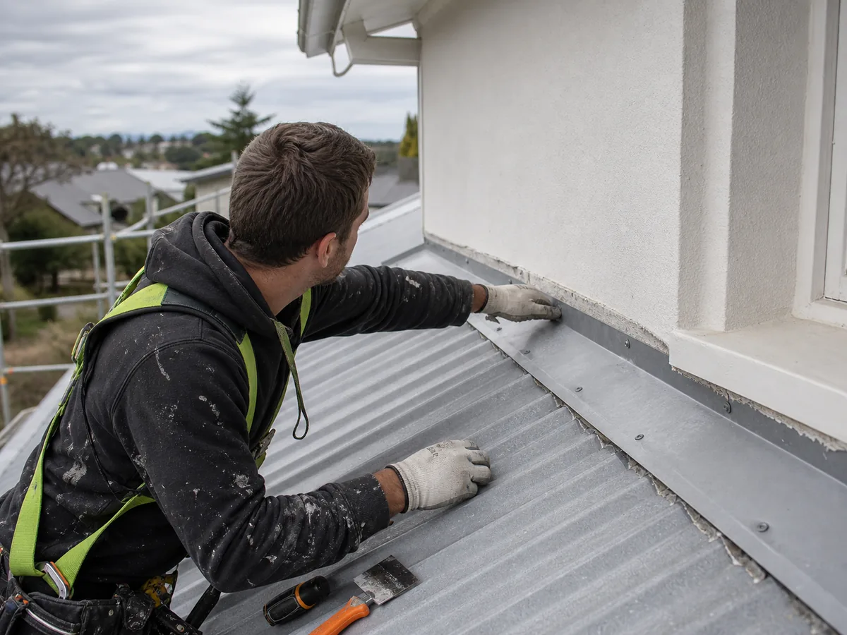 Inspection of roof flashing before an Auckland roof coating project