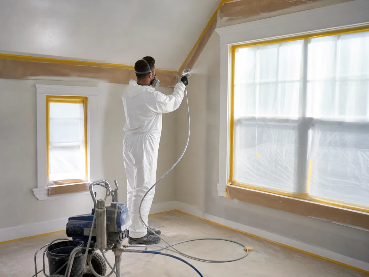 Airless spray painting in a carefully masked Auckland interior