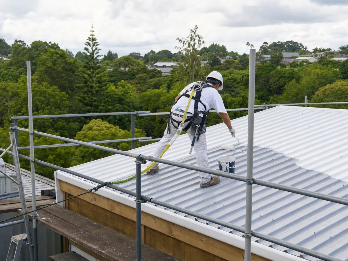 Roof painting in West Auckland with safe edge protection