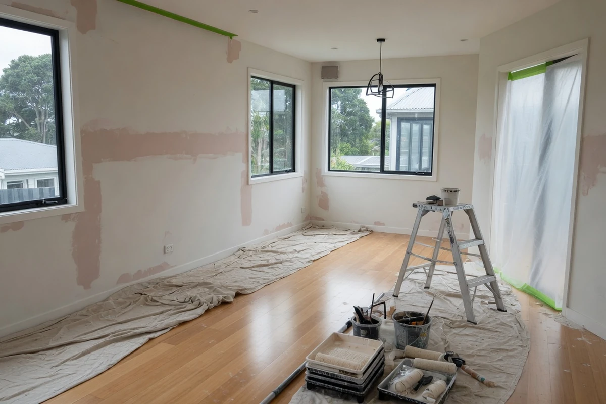 Interior painting prep after an Auckland renovation — plastered walls, drop sheets and painting tools