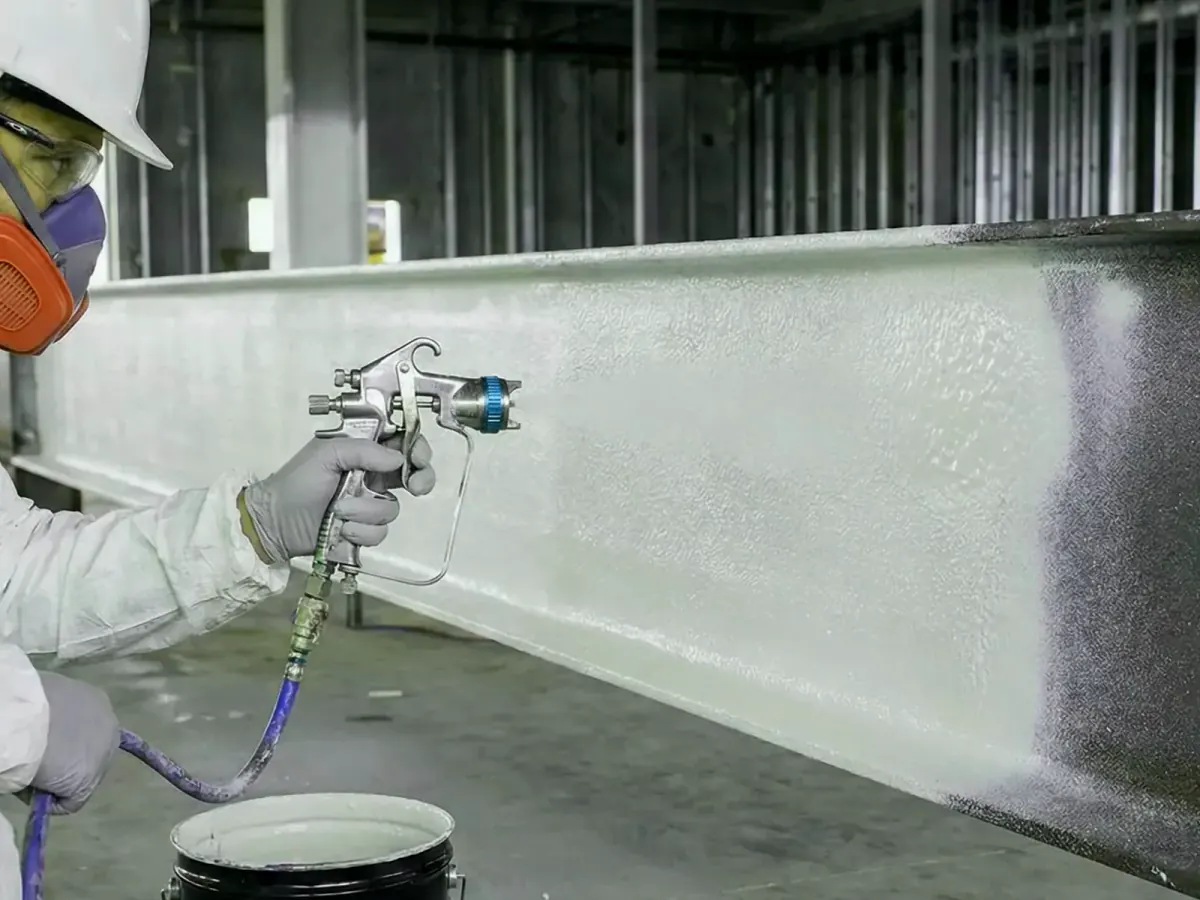 Painter spray-coating a structural steel beam on a multi-unit Auckland build, Tomar Contracting Auckland