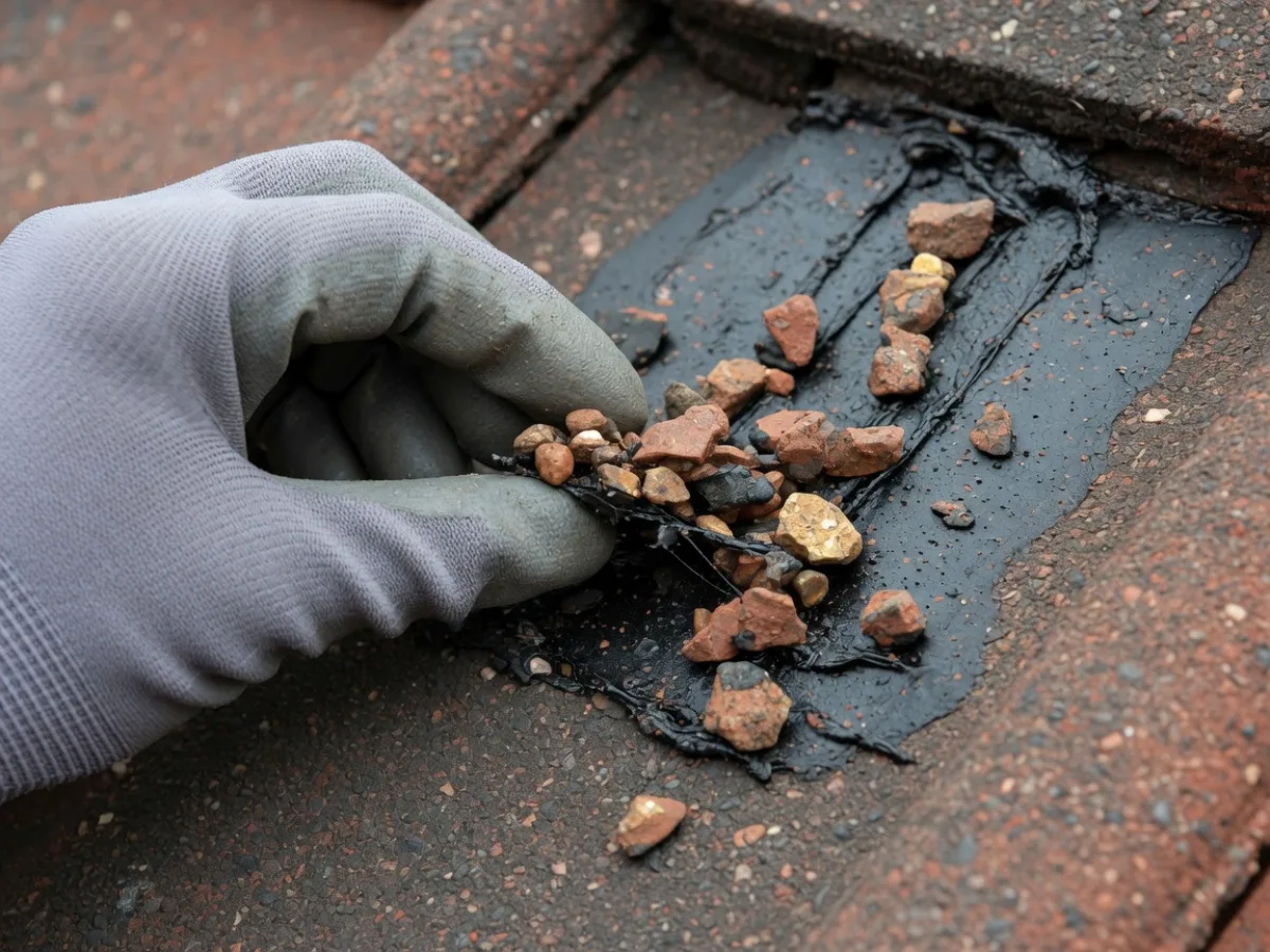 Checking mineral-chip texture and adhesion on a Decromastic-style roof, Tomar Contracting Auckland