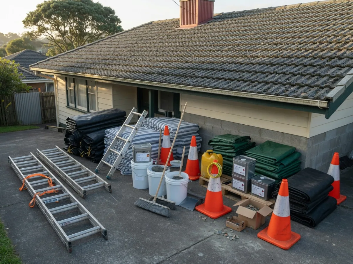 Ground-staged roof restoration materials and protection gear, Tomar Contracting Auckland