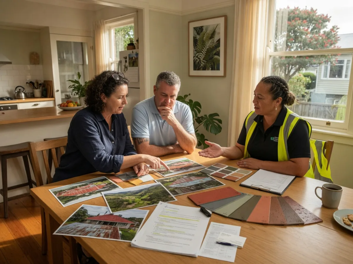 Owner and contractor reviewing roof scope and colour samples indoors, Tomar Contracting Auckland