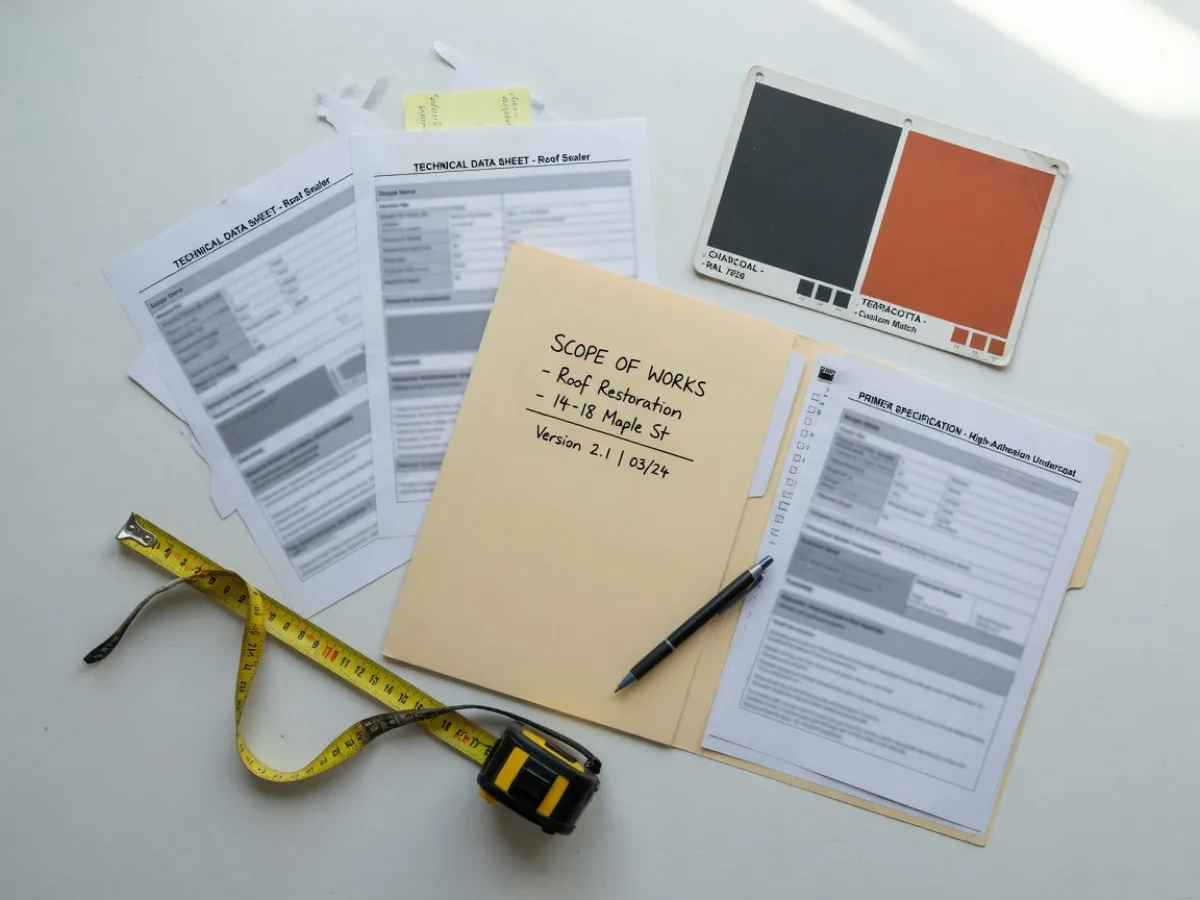 Written restoration specification, sealer data sheets and colour samples, Tomar Contracting Auckland