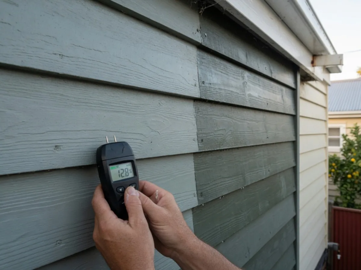 Moisture meter testing weatherboards before coating, Tomar Contracting Auckland