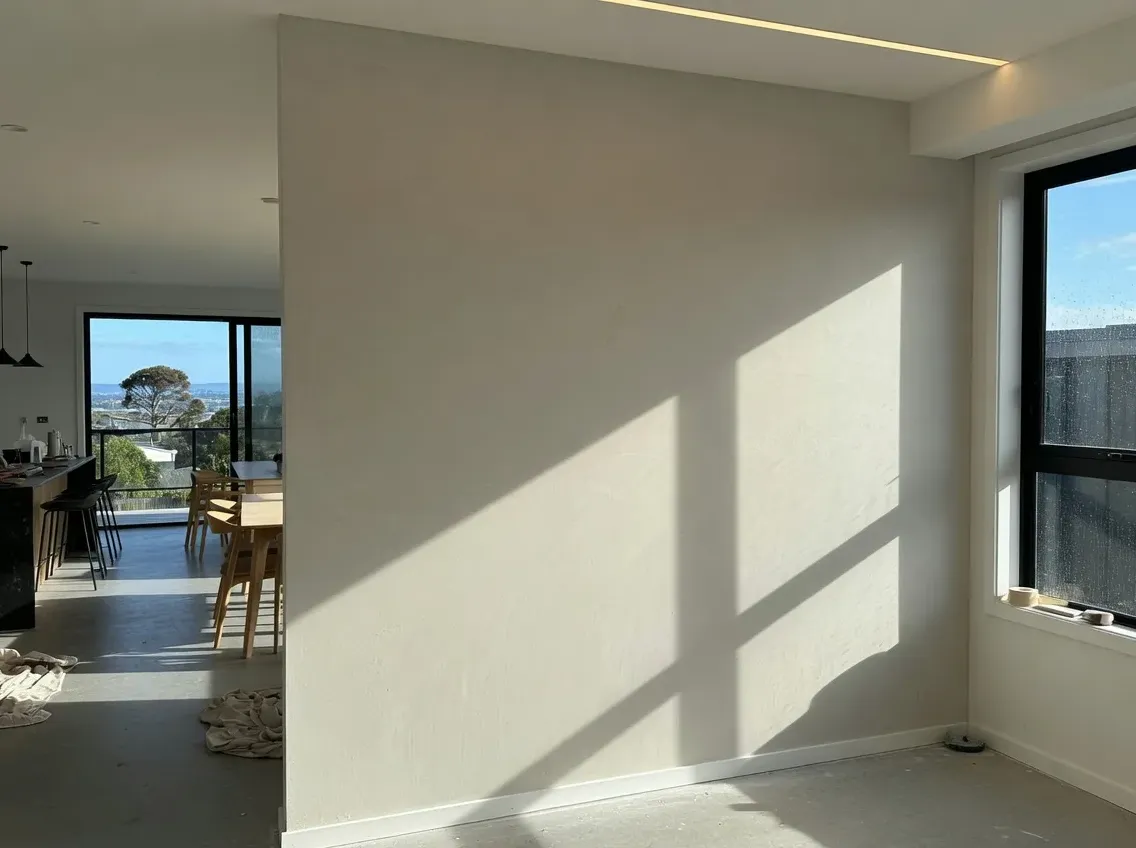 Smooth Level 5 skim wall under strong side-light in an open-plan Auckland home, Tomar Contracting Auckland