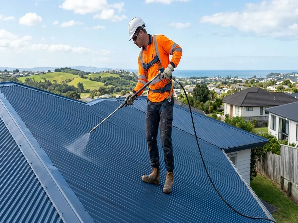 Professional painter spraying corrugated steel roof using airless spray gun with pipe extension pole, Tomar Contracting Auckland