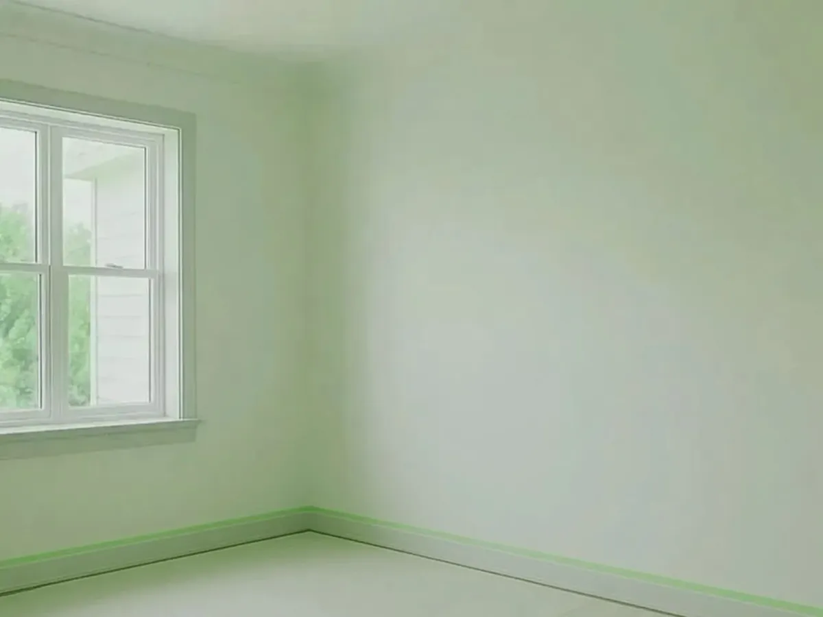 Empty Auckland room with green masking tape ready for controlled spray painting, Tomar Contracting Auckland