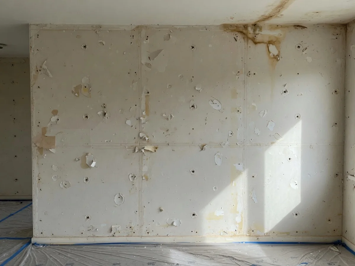 Wall condition after wallpaper comes off before Auckland interior finish pricing, Tomar Contracting Auckland