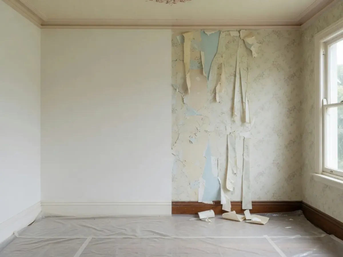 Auckland villa interior mid wallpaper removal with half-finished wall ready for Level 5 and paint, Tomar Contracting Auckland